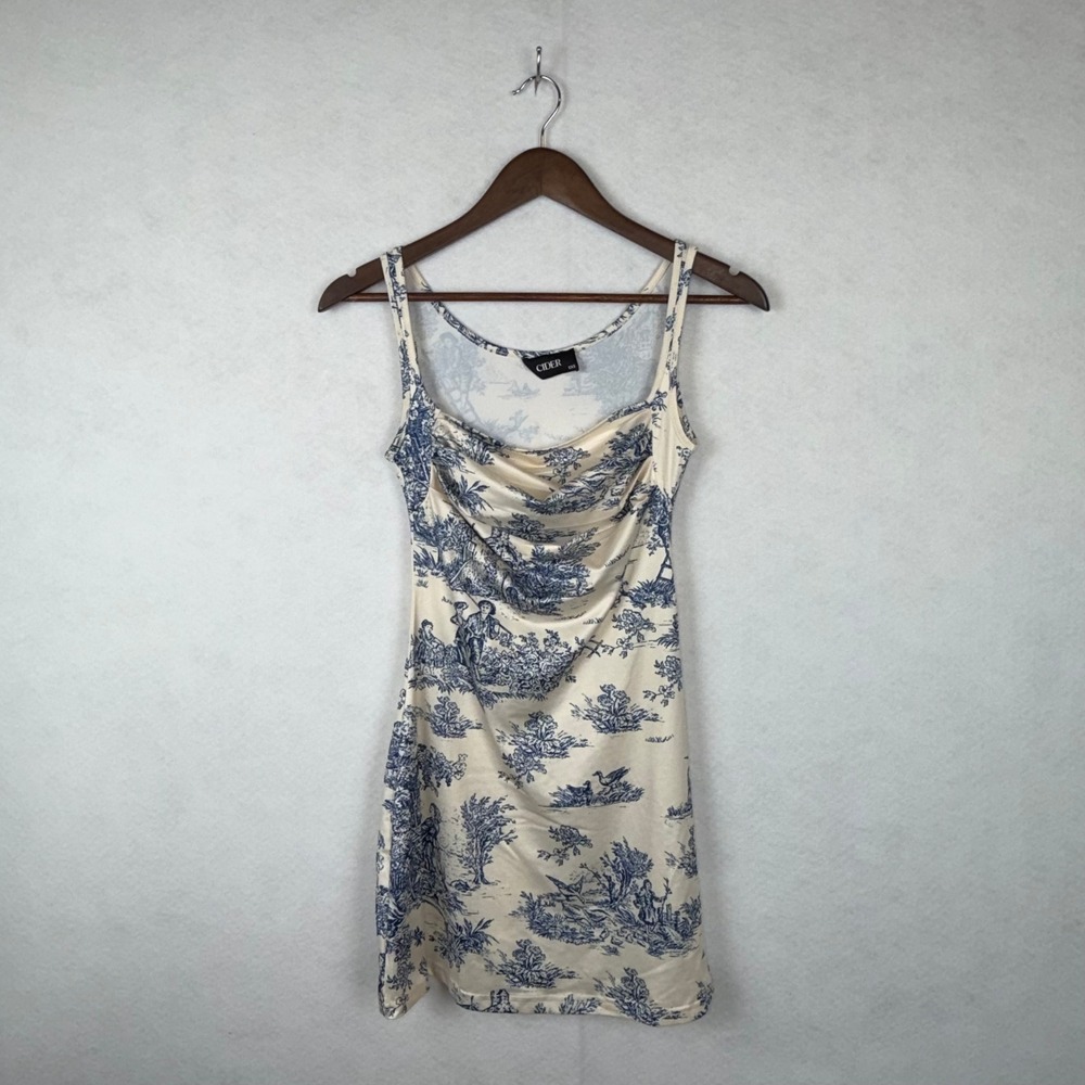 Cider Toile De Jouy Mini Dress Womens XXS Blue Cream Cowl Bodycon Cottagecore